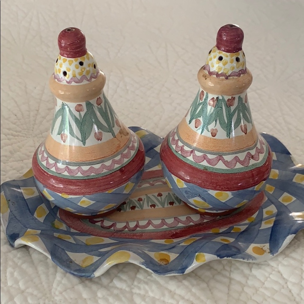 MacKenzie Childs 3 piece Salt & Pepper set.